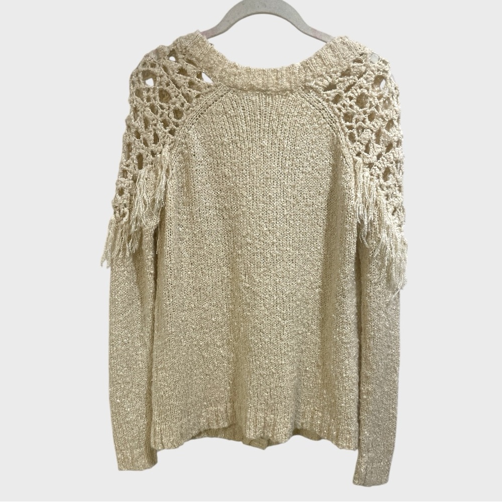 BKE Cream Knit Cardigan Fringe  with Lace Details Size Small - Picture 6 of 11